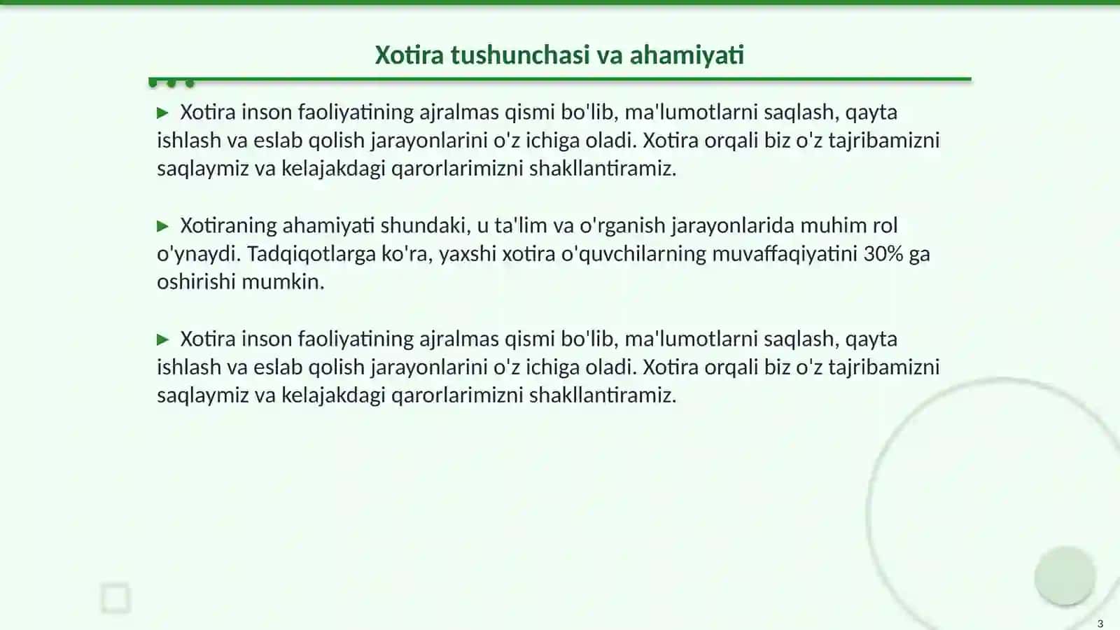 Xotira: ma'lumotlarni mustahkamlash yo'llari, usullari, vositalari 3