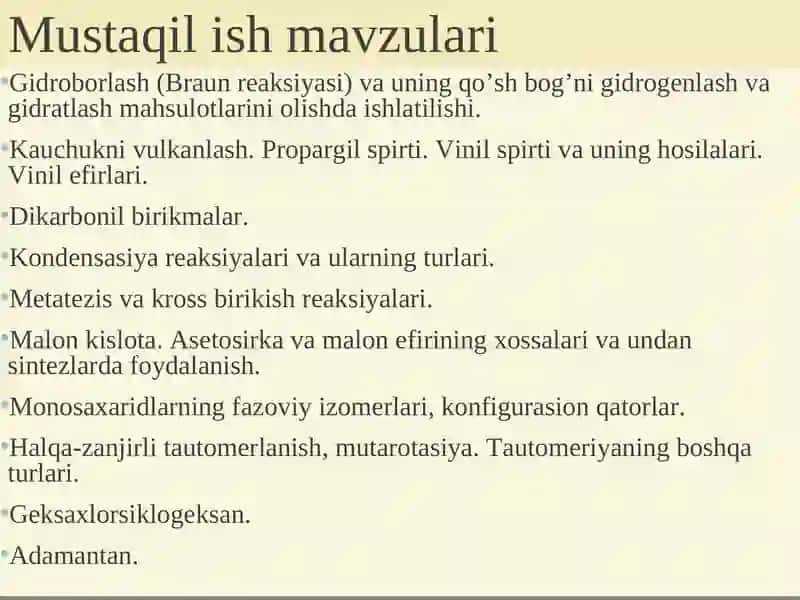 Gidroborlash (Braun reaksiyasi) va uning qo’sh bog’ni gidrogenlash va gidratlash mahsulotlarini olishda ishlatilishi 3