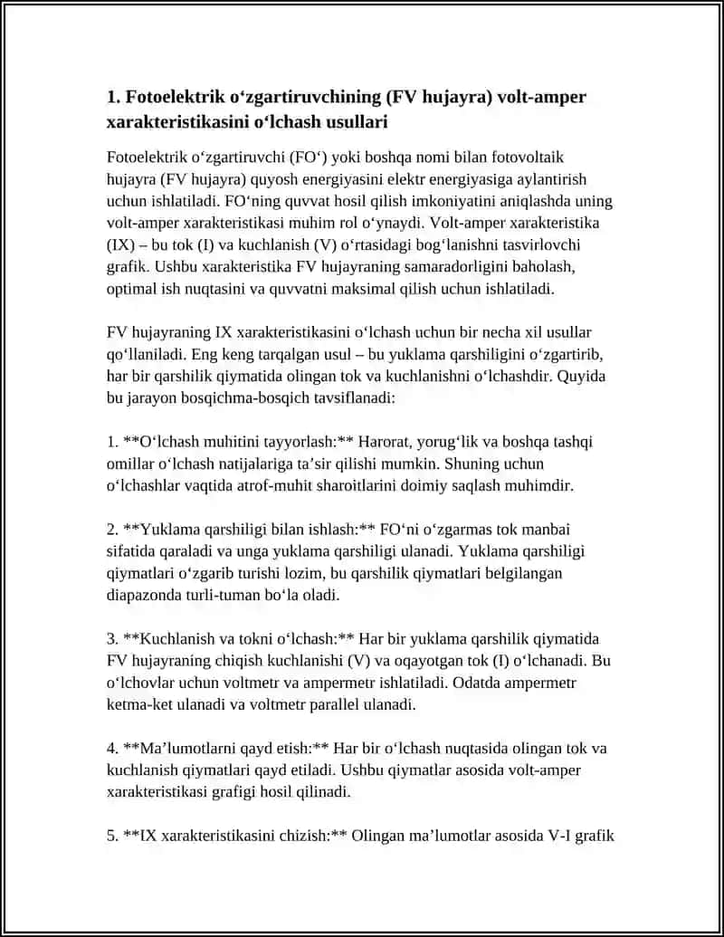 ENERGIYANI FOTOELEKTRIK OʻZGARTIRGICHNING VOLT- AMPER XARAKTERISTIKASINI OʻRGANISH 3