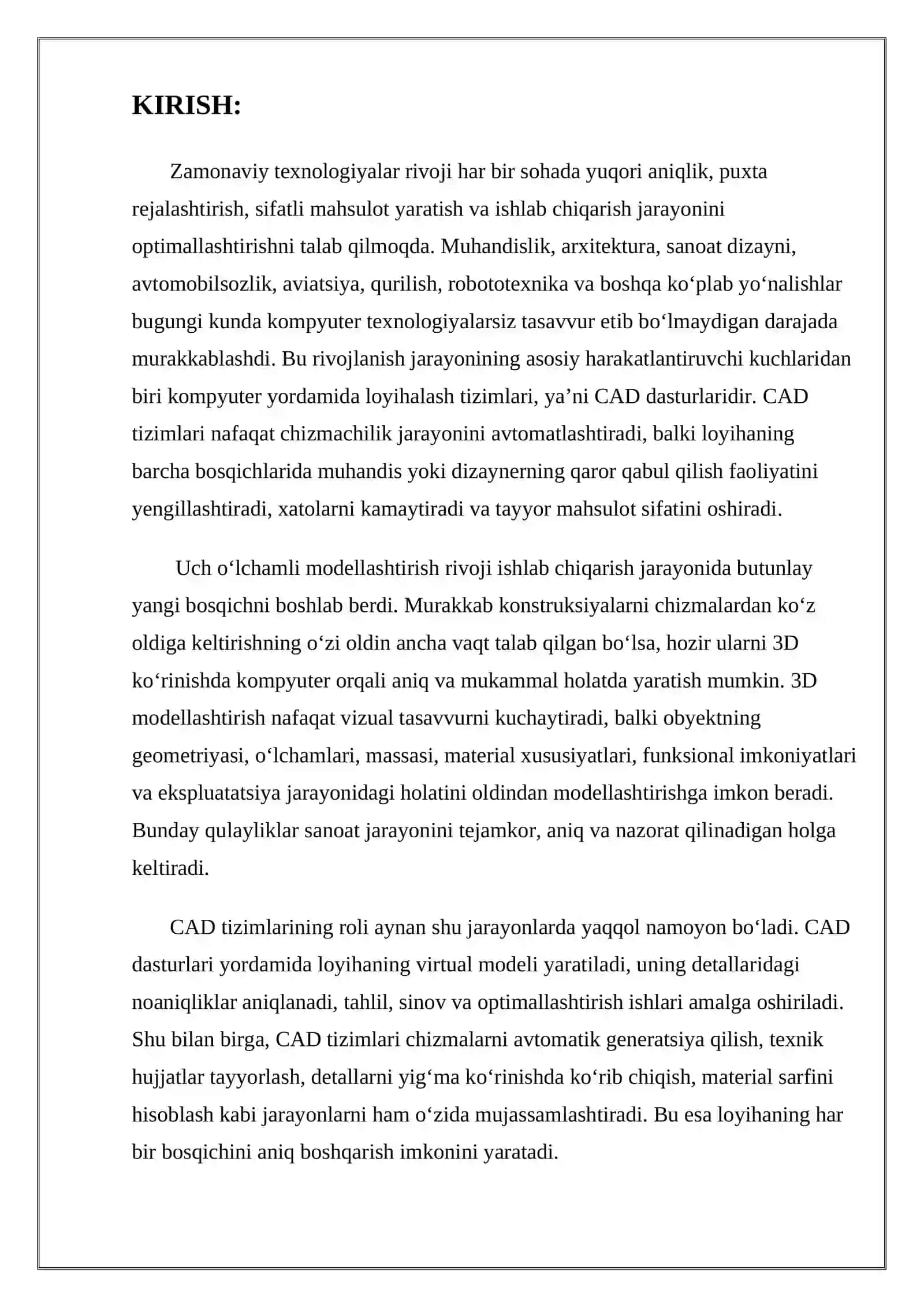 “Muhandislik grafikasi | 3D CAD tizimlarining roli va qo‘llanilishi | 19 bet | Tayyor ish” 3