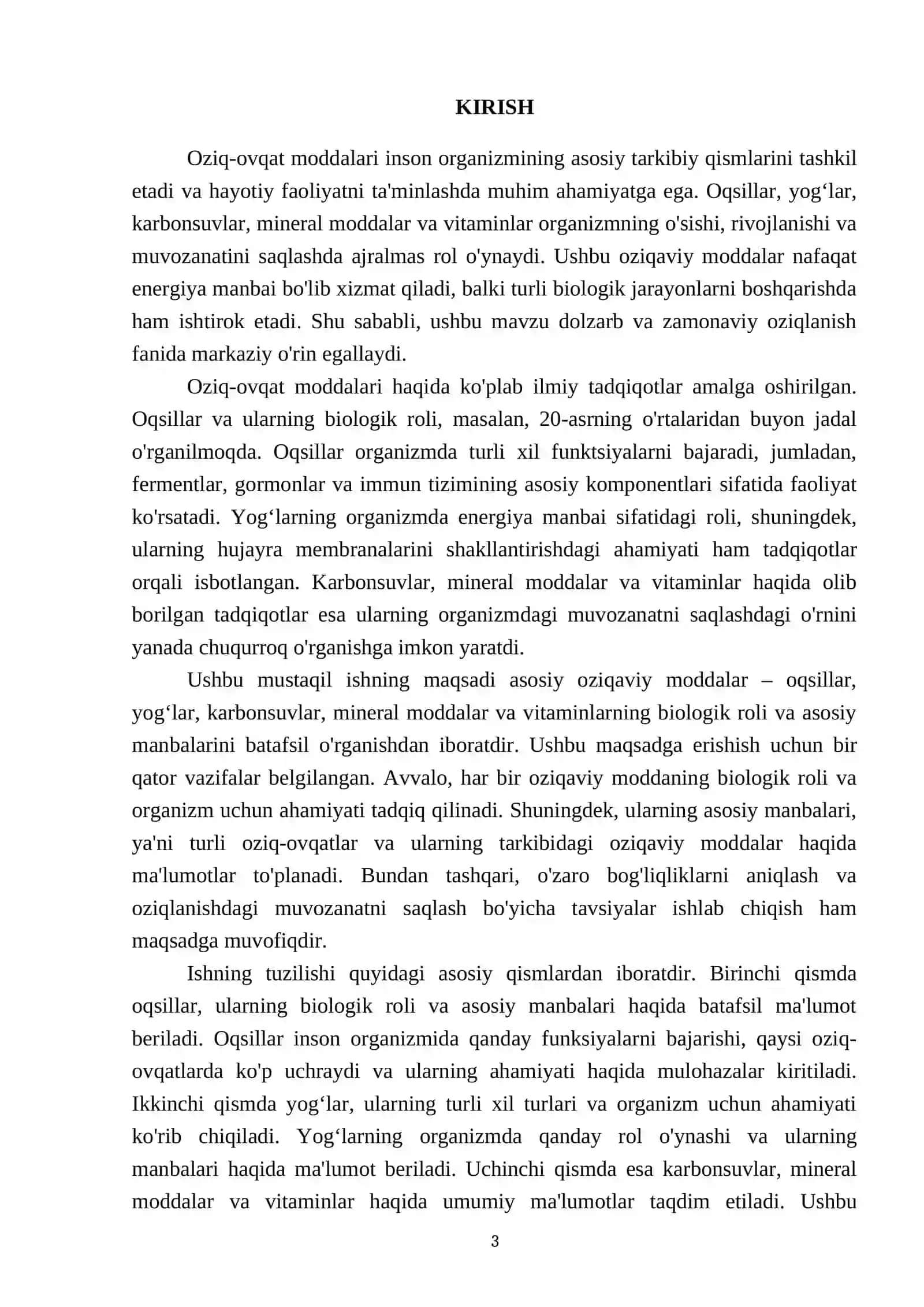 Asosiy oziqaviy moddalar - oqsillar, yog‘lar, karbonsuvlar, mineral moddalar va vitaminlarning biologik roli va asosiy manbalari 3