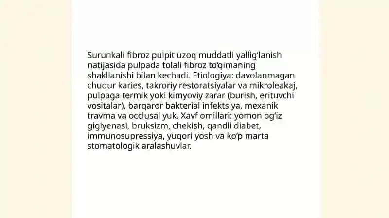 Surunkali fibroz pulpit. Klinikasi. Diagnostika va differensial diagnostika 3