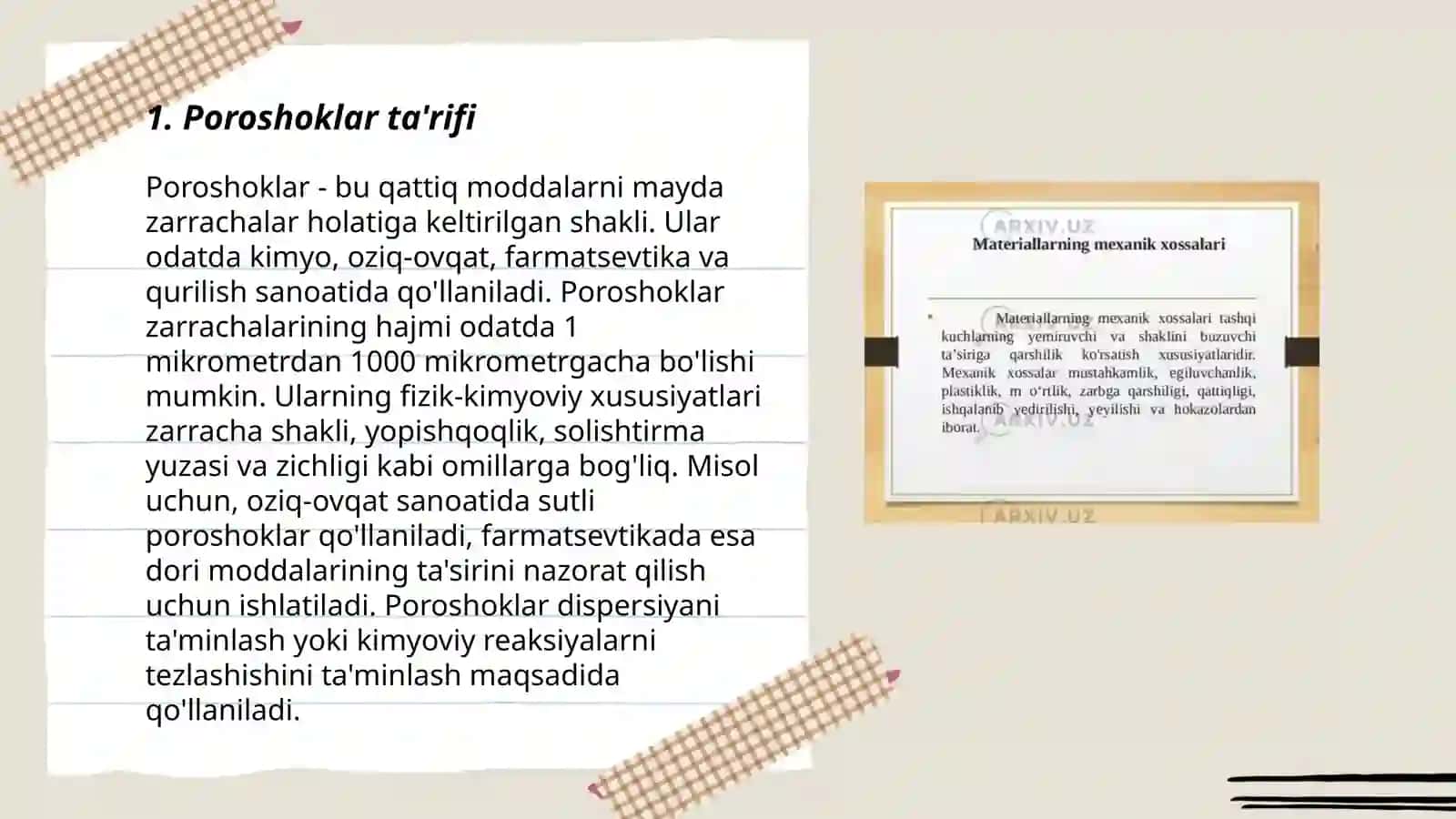 Poroshoklar ta'rifi, tasnifi Umumiy tayyorlash bosqichlari 3