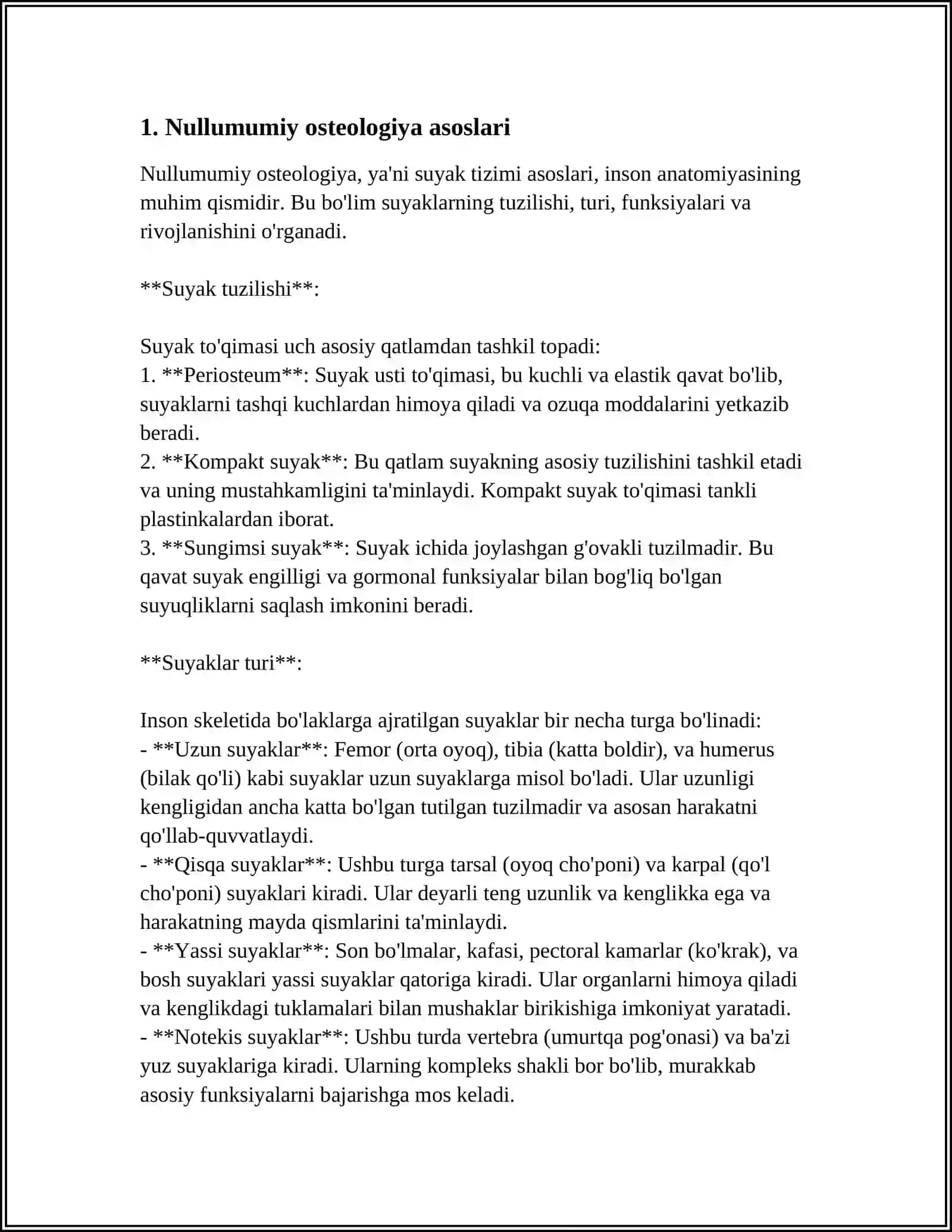 NULLUMUMIY OSTEOLOGIYA. SKELET HAQIDA UMUMIY TUSHUNCHA. SATXLAR HAQIDA TUSHUNCHA. BOSHLANG’ICH TERMINOLOGIYA. SUYAKLARNING TUZILISHI. BO‘YIN, KO‘KRAK, BEL VA DUMG‘AZA UMURTQALARI, ULARNING YOSHGA DOIR XUSUSIYATLARI 3