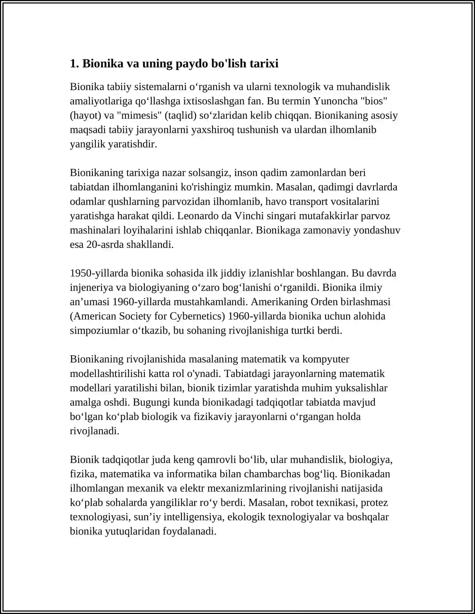 MUSTAQIL ISH Mavzu: BIONIKA ASOSLARI VA UNING INSON HAYOTIDAGI O'RNI 3