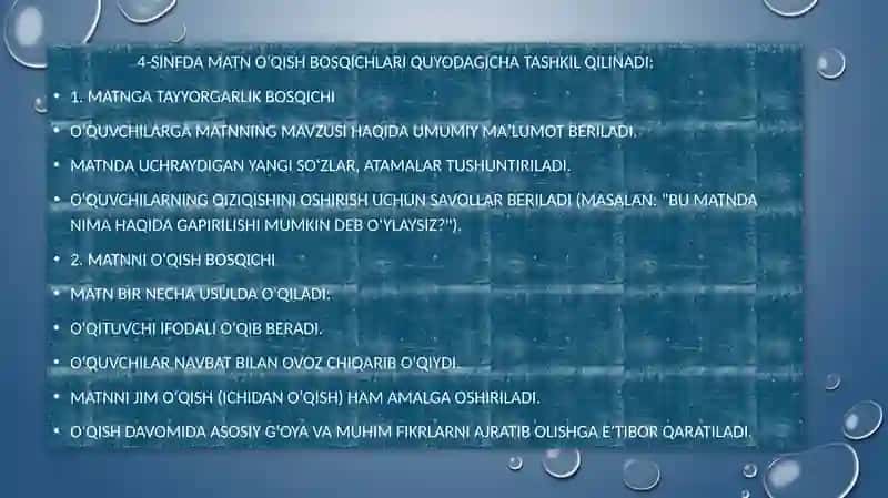 4-SINFDA NAMUNAVIY MATNNI QAYTA HIKOYALASH VA BAYON YOZISH UCHUN METODIK TAVSIYALAR ISHLAB CHIQISH 3