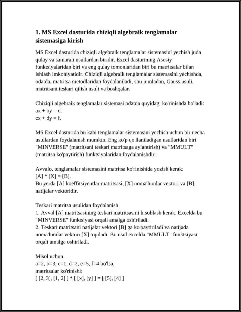 MS EXCEL DASTURI ELEKTRON JADVALIDA CHIZIQLI ALGEBRAIK TENGLAMALAR SISTEMASINI YECHISH 3
