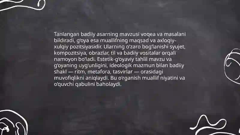 Tanlangan badiiy asarlarni estetik-g‘oyaviy jihatdan tahlil qilish 3