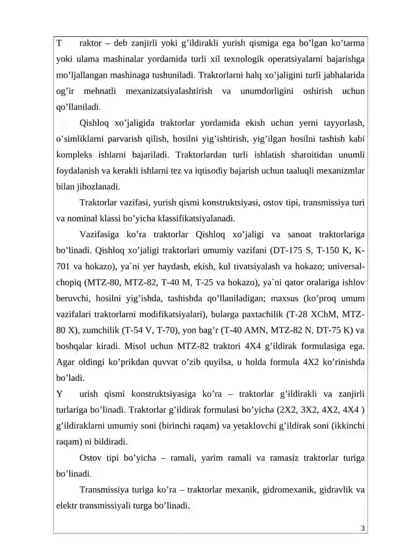 Traktоrlar va o’zi yurar qishlоq xo’jalik mashinalari yuritmalari tasnifi 3