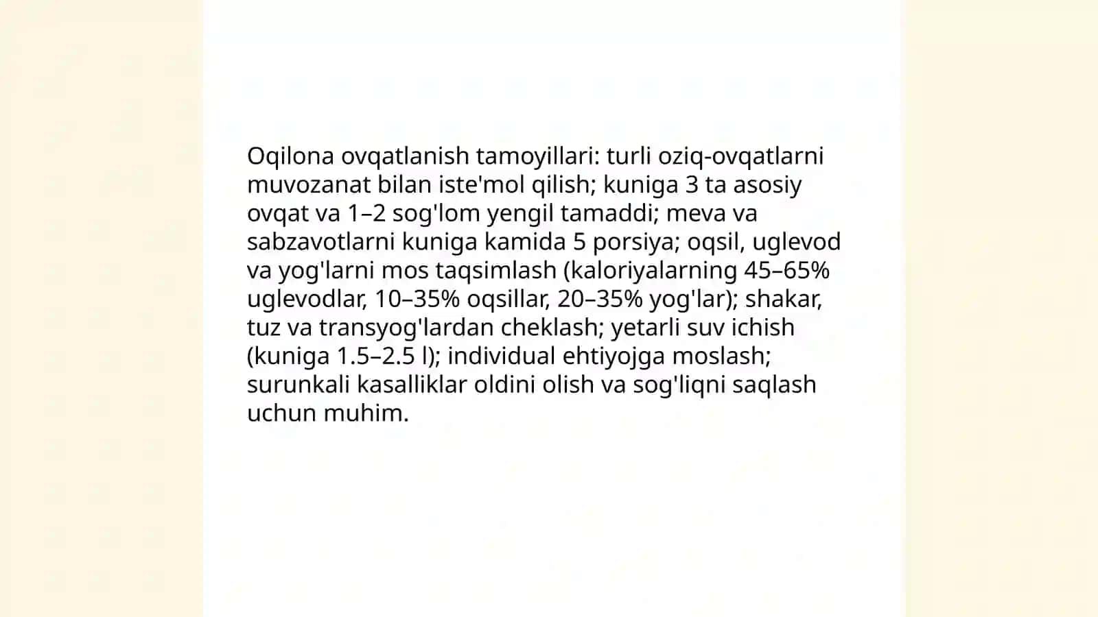 Oqilona ovqatlanish va uning tartibi haqida ularni tekshirish va baholash 3