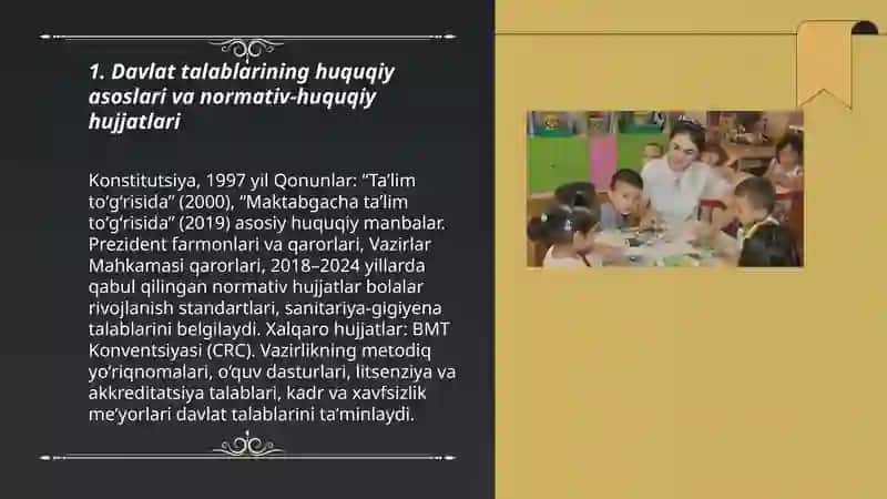 Oʻzbekiston respublikasining ilk va maktabgacha yoshdagi bolalar rivojlanishiga qoʻyiladigan davlat talablarining mazmuni va mohiyati 3