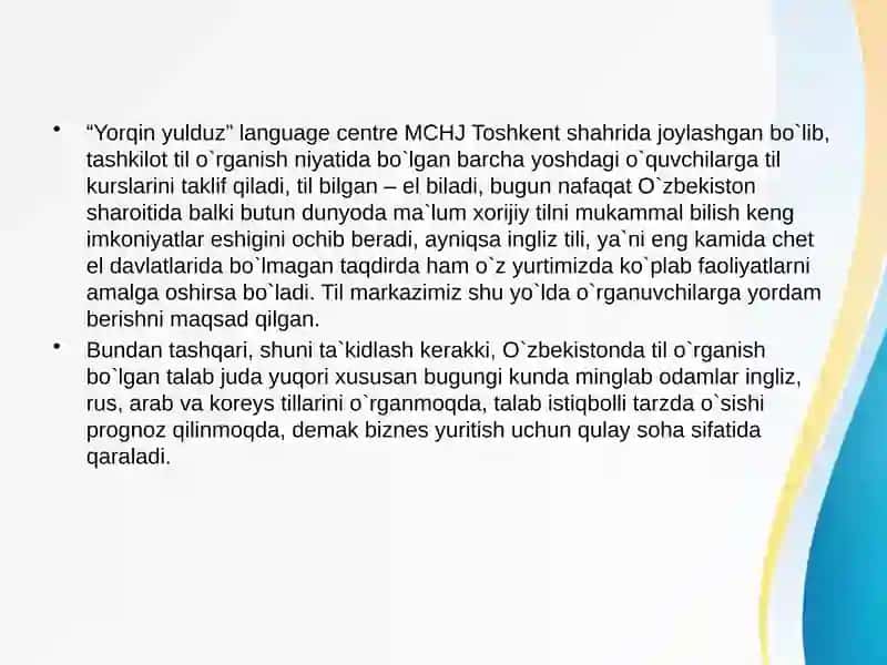 "Yorqin yulduz” language centre MChJ 3