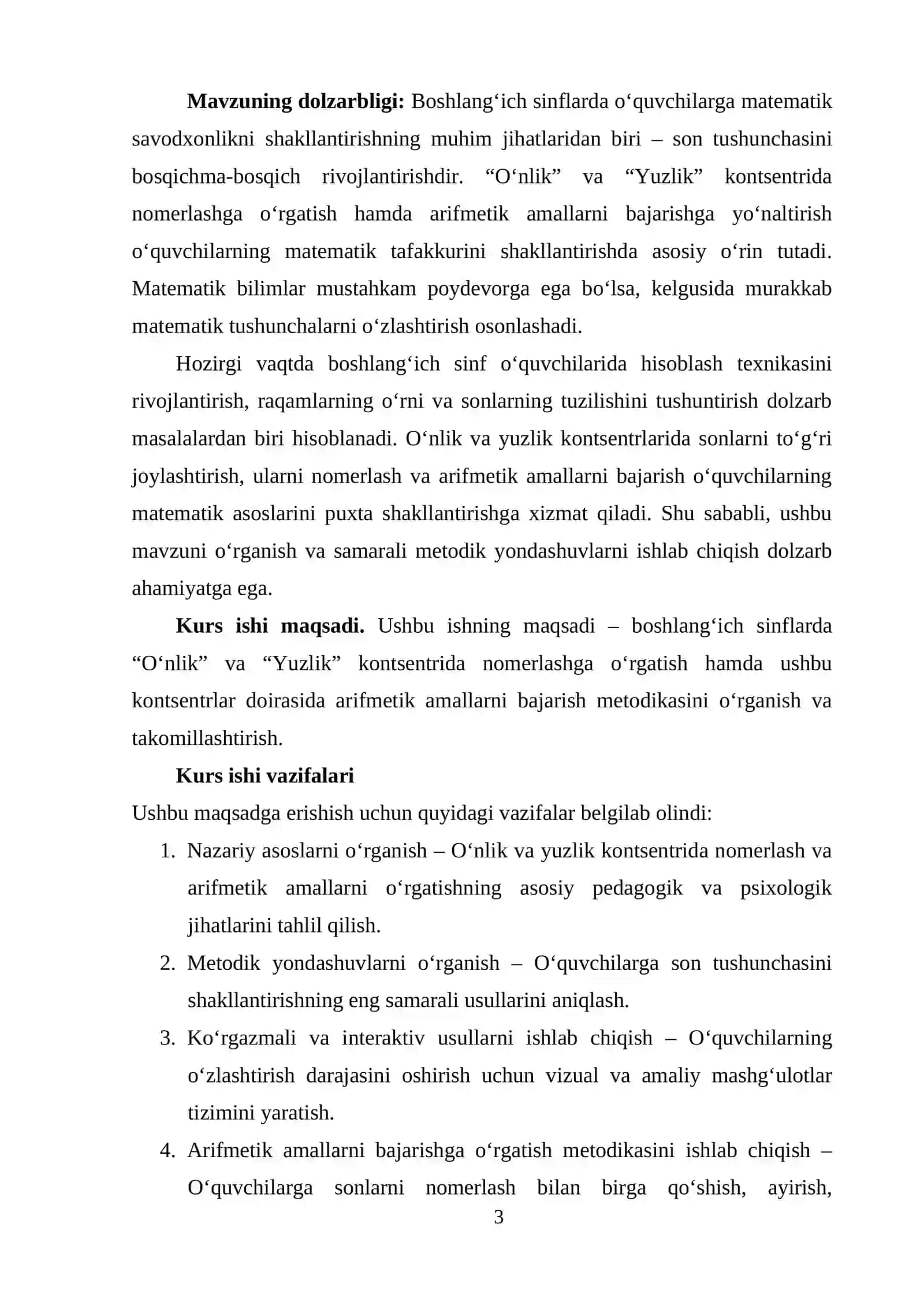 “O‘nlik”, “Yuzlik” konsentrida nomerlashga o‘rgatish metodikasi. Konsentrlarda arifmetik amallarni bajarishga o‘rgatish” 3