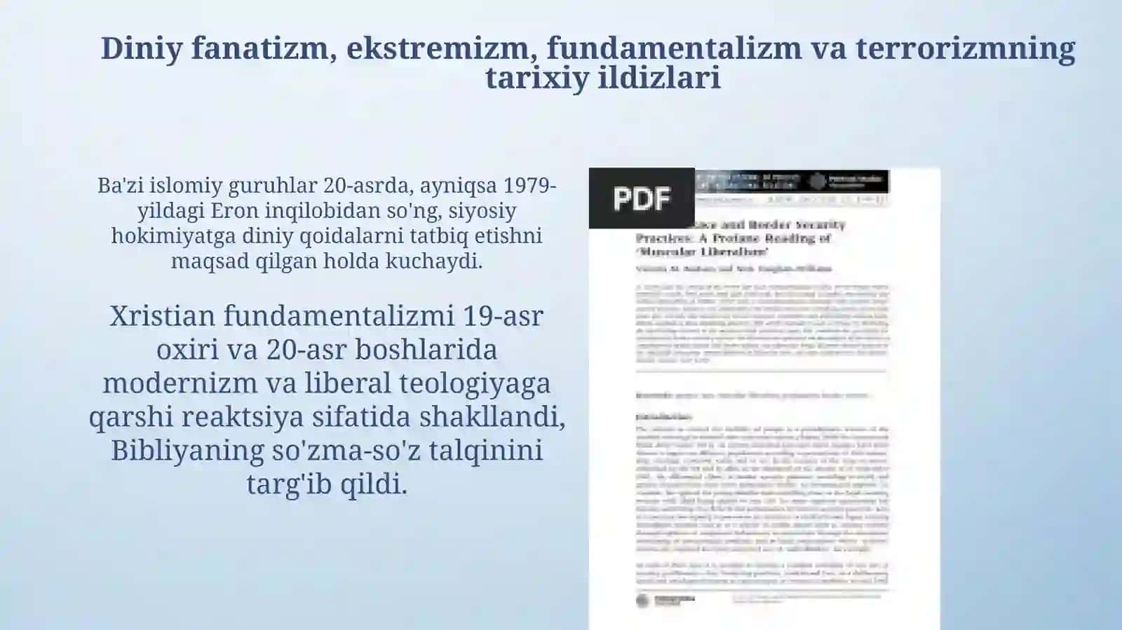 Diniy fanatizm ekstremizm fundamentalizm terrorizm tarixi hozirgi kunda xavfsizlikga tahdid 3