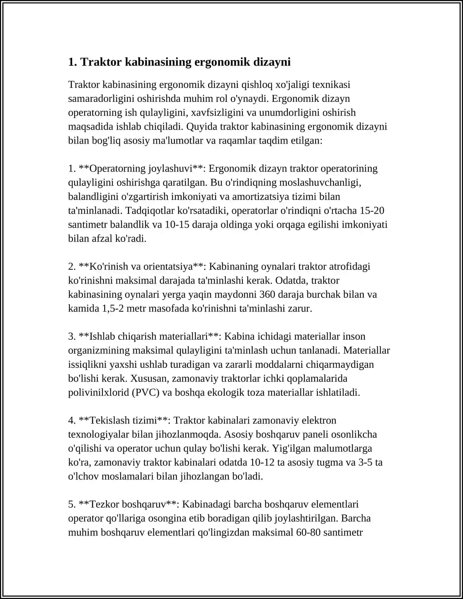 TRAKTOR VA MASHINANING ERGONOMIK KO'RSATGICHLARI 3