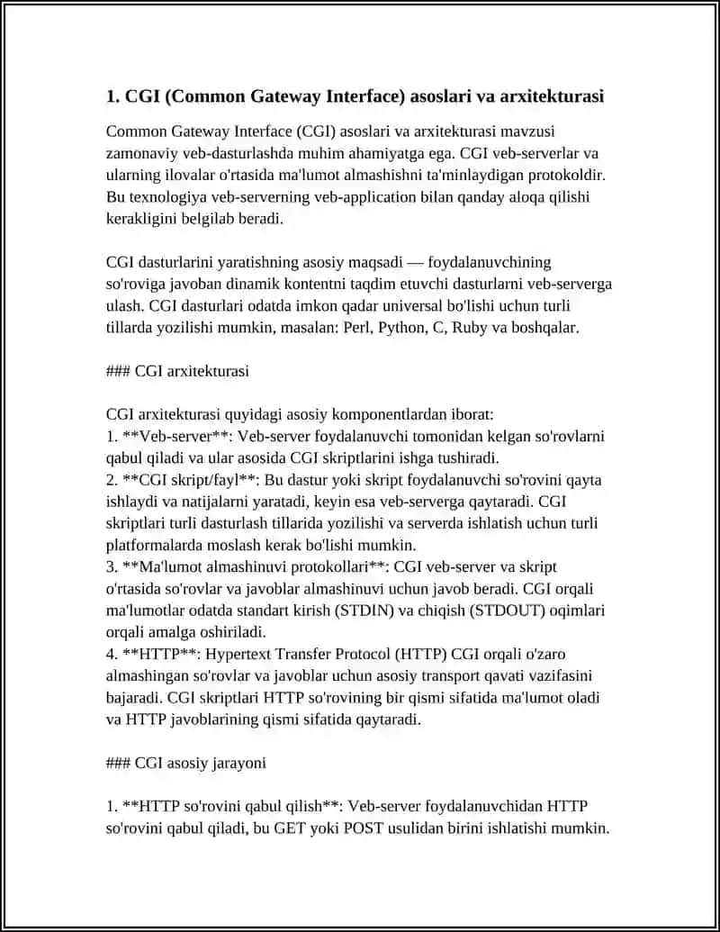 TAQSIMLANGAN TIZIMLARIDA SERVER TOMONIDA AMALGA OSHIRILADIGAN DASTURLARNI YARATISH VOSITALARI (CGI, PHP, ASP, JAVA-SERVLETLAR) 3