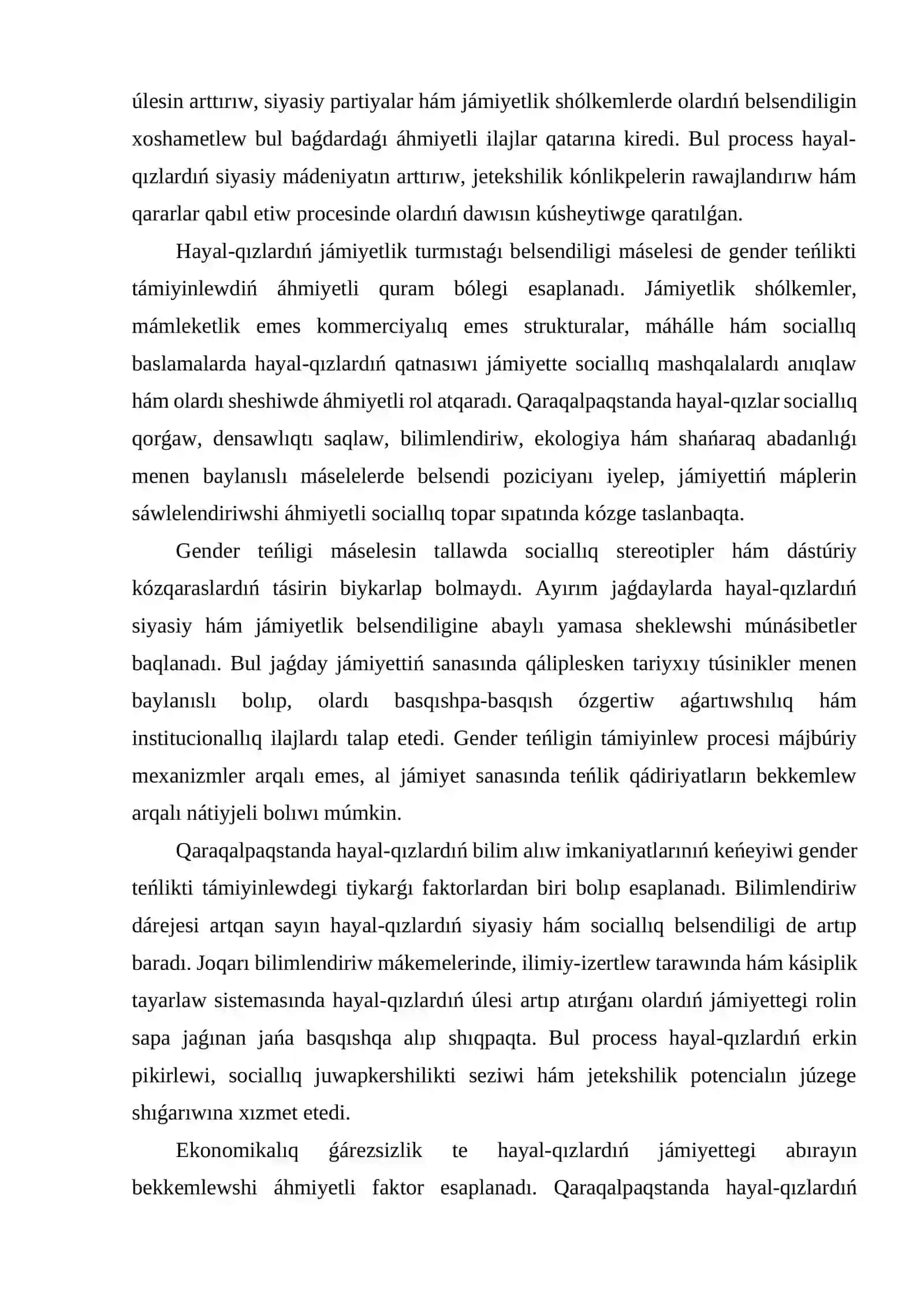 Qaraqalpaqstanda hayal-qızlardıń siyasiy hám jámiyetlik turmıstaǵı gender teńligi 3