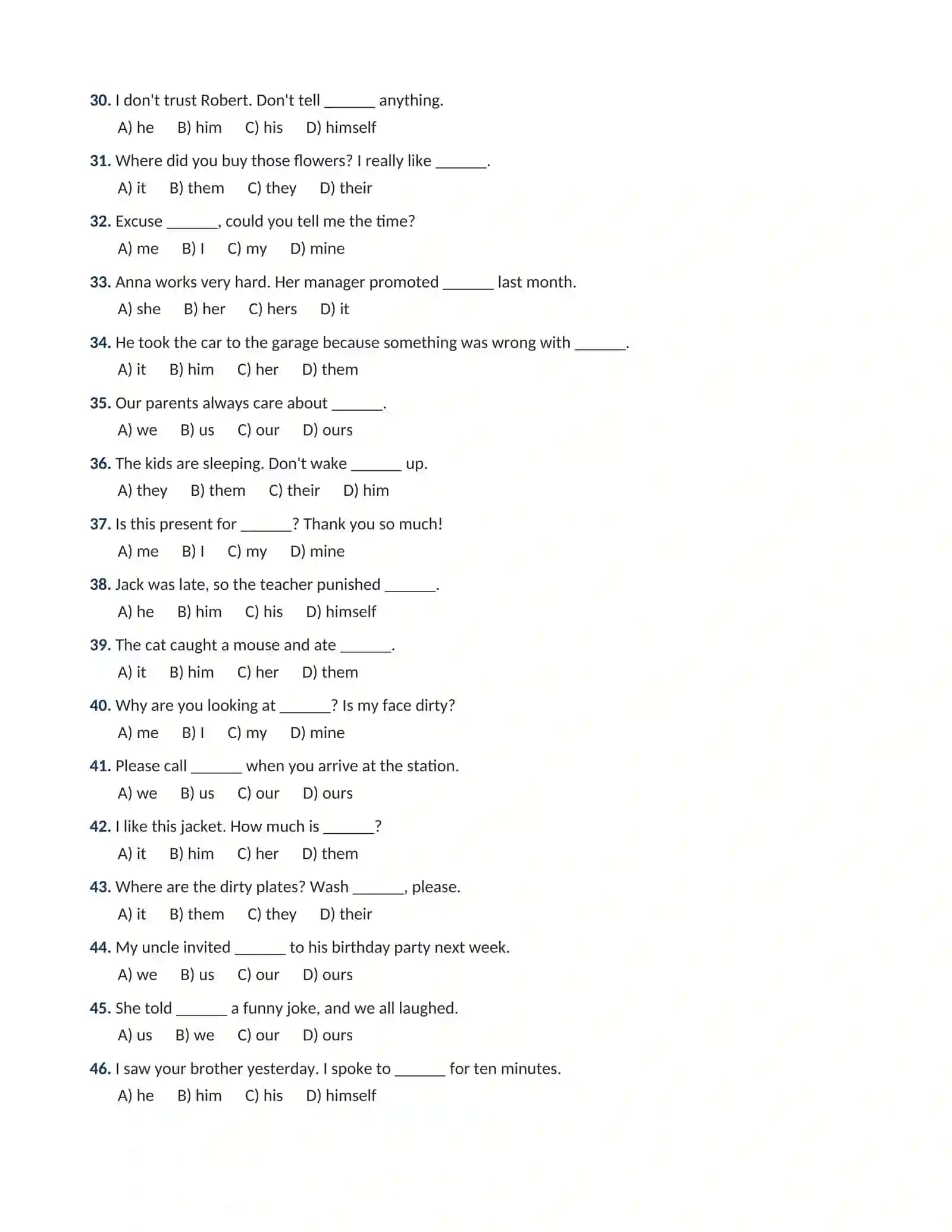 INGLIZ TILI GRAMMATIKASI: OBJECT PRONOUNS (TO'LDIRUVCHI  OLMOSHLAR) 100 talik test oxirida javoblari bilan 3