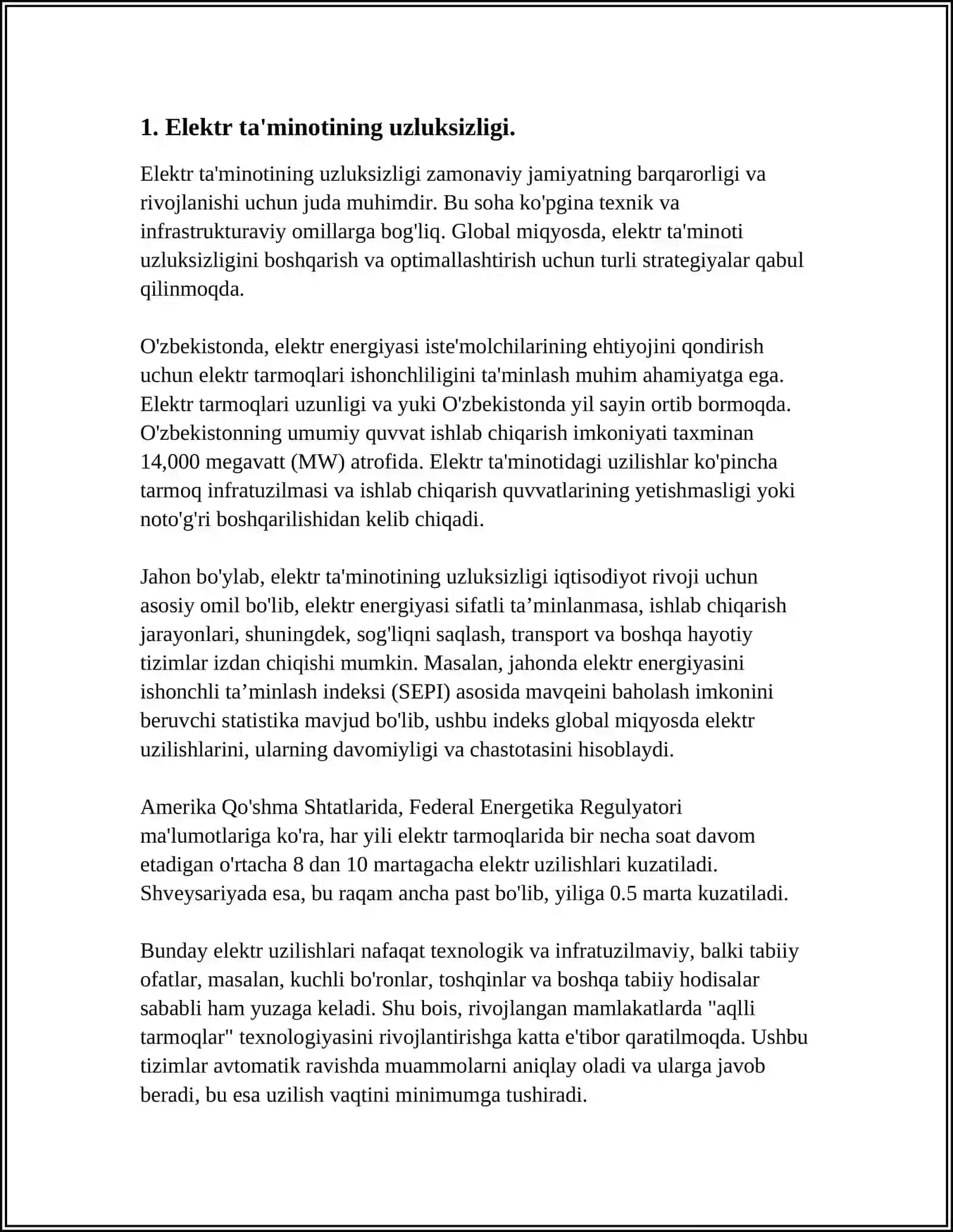 ELEKTR ENERGIYASINI UZLUKSIZ TA'MINLASH DARAJASI BO'YICHA ISTE'MOLCHILARINING BOG'LANISHI 3