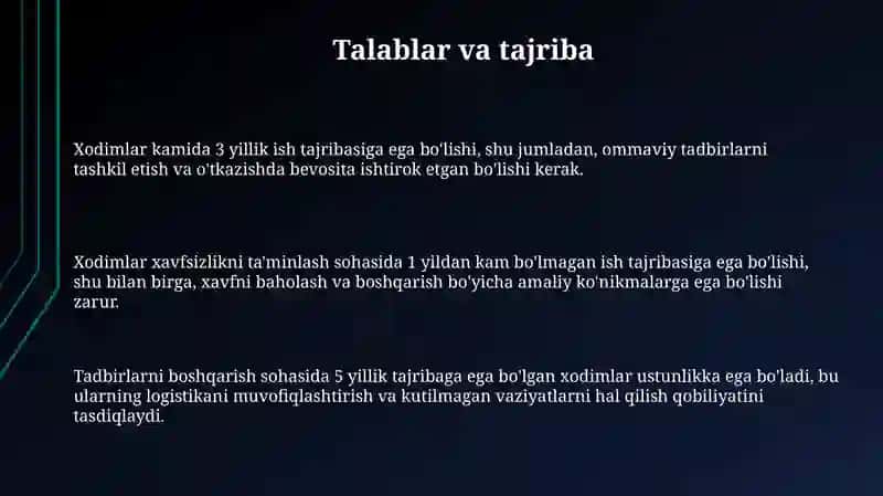 Ommaviy tabirlarni o'tkazishda xizmat kursatuvchi personal malakasi 3
