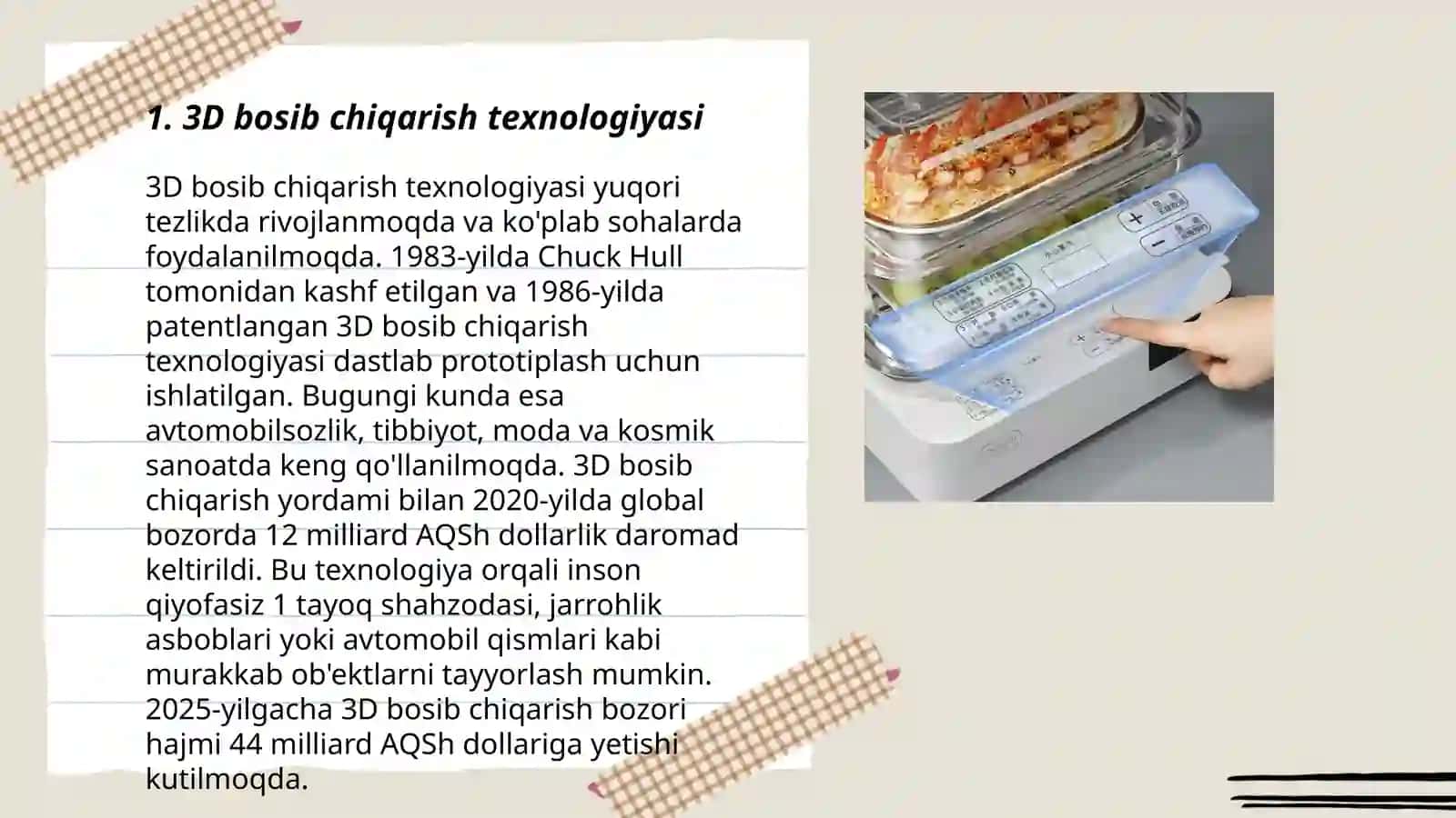 3D bosib chiqarish texnologiyasi 3