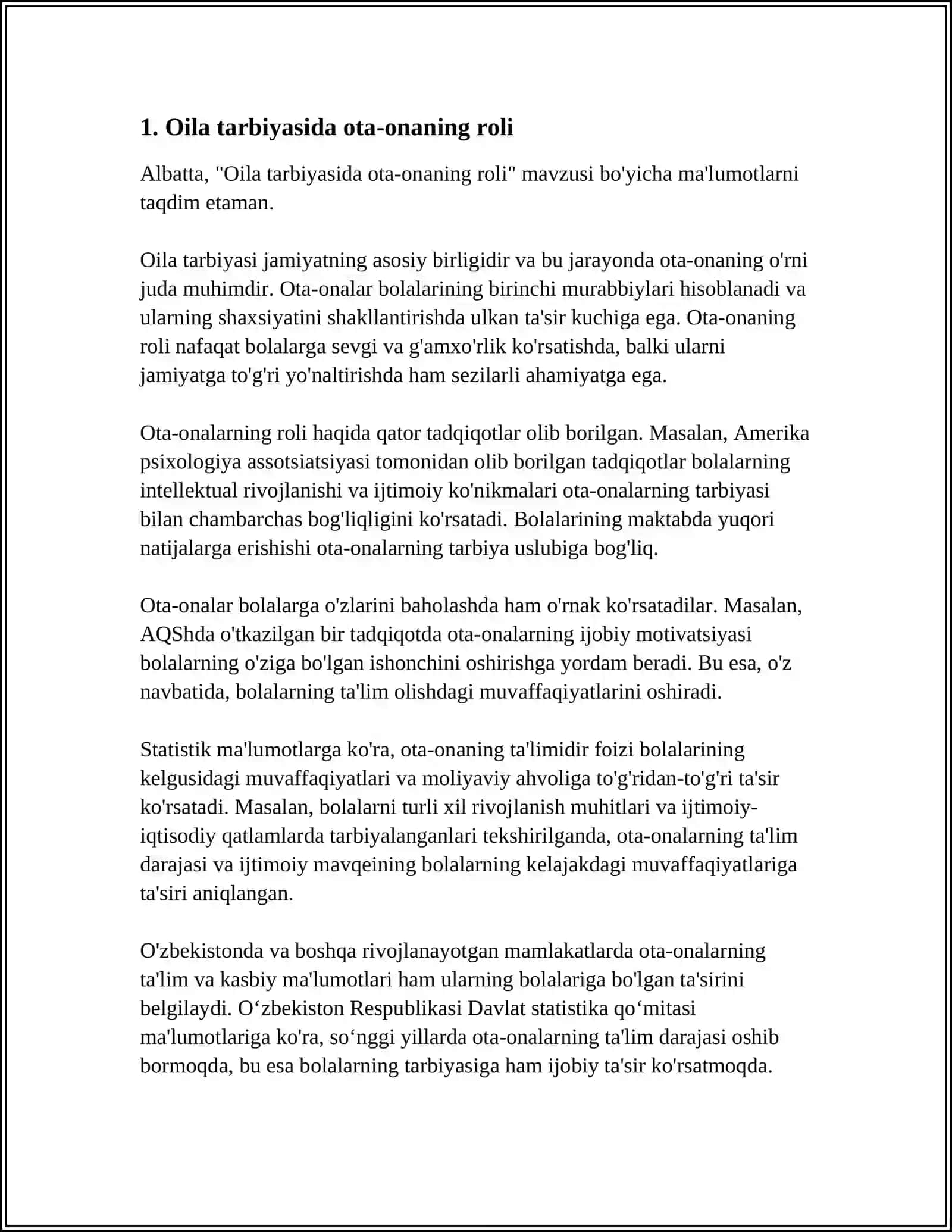 UQUVCHILARNI TARBIYALASHDI OILA, MAHALLA VA MAKTAB HAMKORLIGI. OTA-ONA VA FARZANDNING BURCHLARI 3
