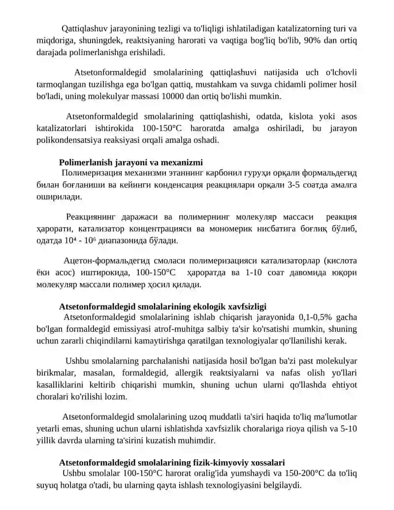 Atseton formaldegid smolalari olinishi texnologiyasi kimyoviy xossalari va ishlatilishi 3