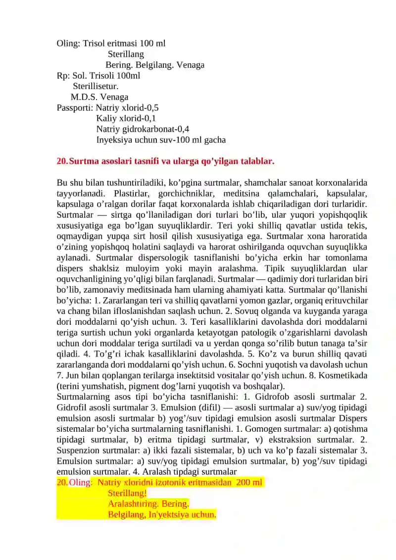 Konservantlar. Ta’rifi, Ularga qo‘yiladigan talablar. Tasnifi va tavsifi. Dori turlarini tayyorlashda ishlatiladigan konservantlar, misol orqali tushintiring 3