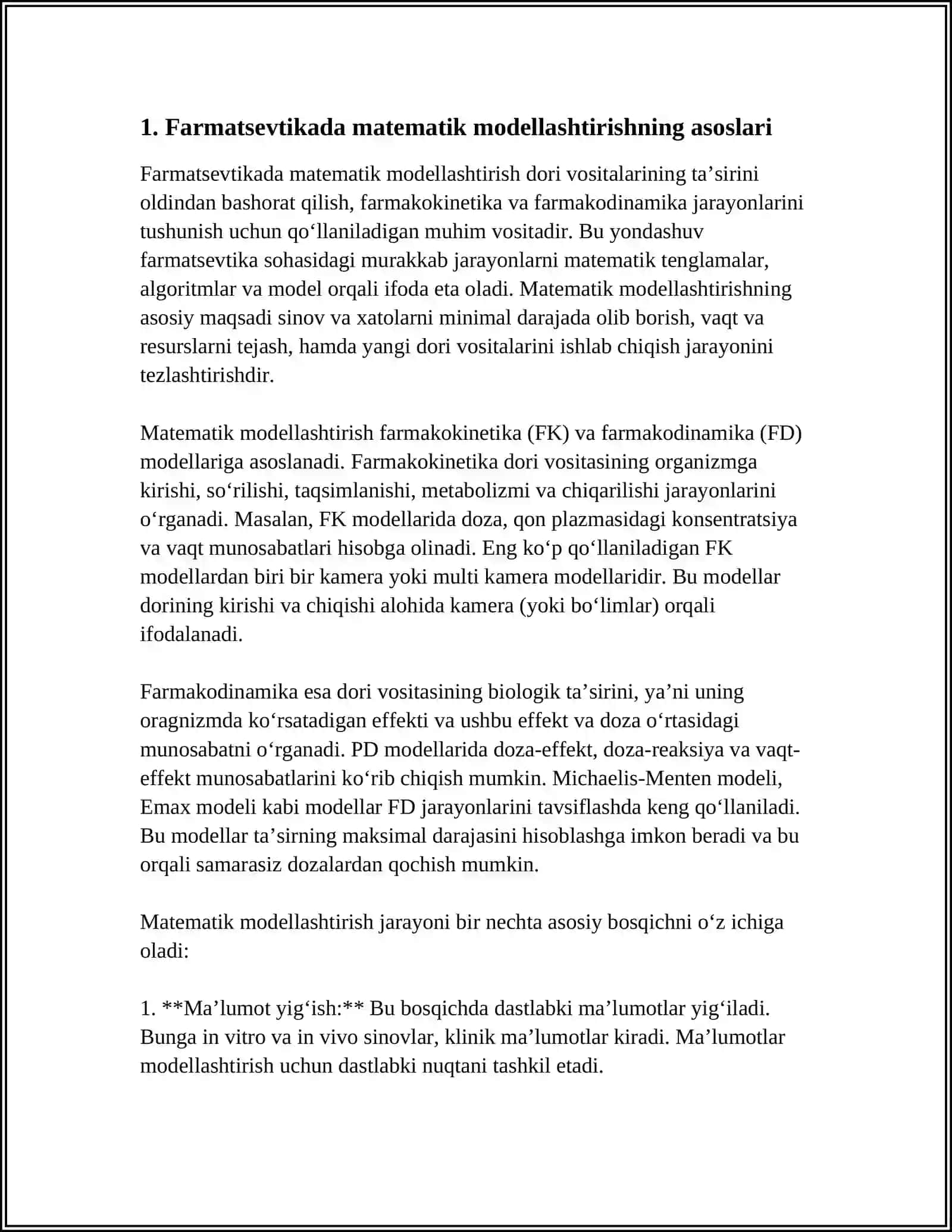 FARMATSEFTIKADA MATEMATIK MODELLASHTIRISH USLUBLARINI O'RGANISH.FIZIK VA MATEMATIK MODELLASHTIRISH, OLINGAN NATIJALAR ASOSIDA PROGNOZ QILISH 3