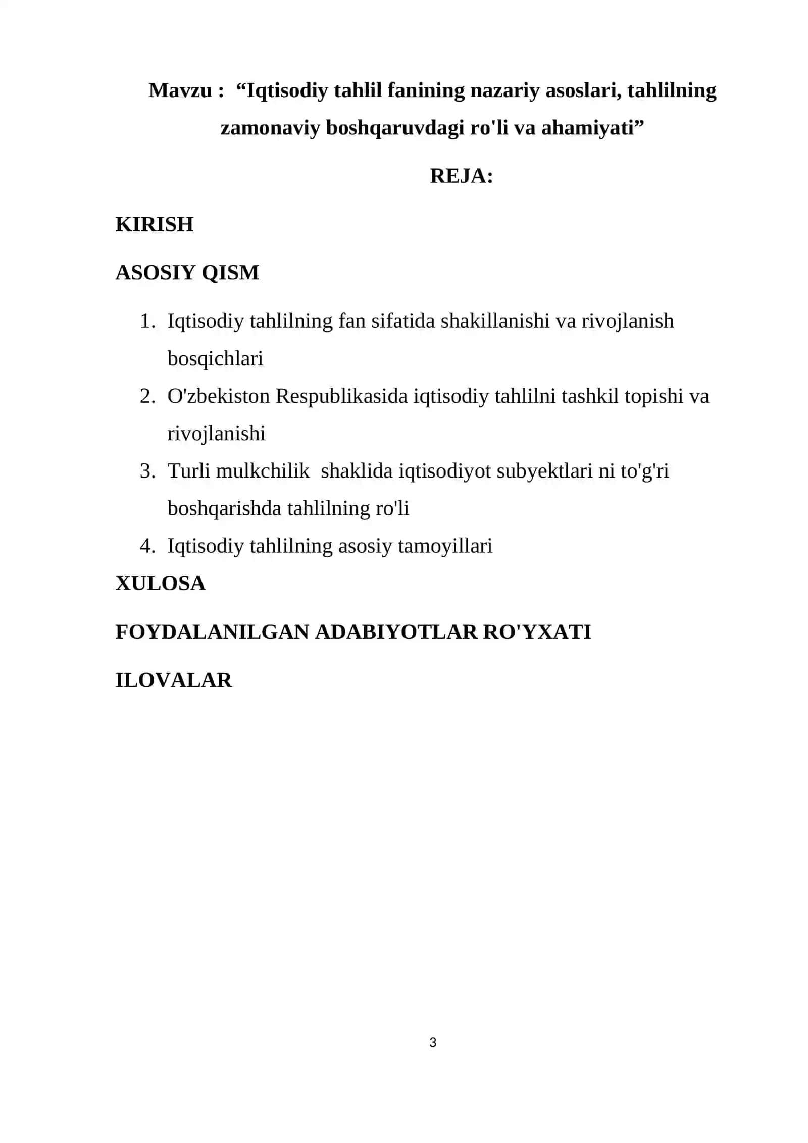 Iqtisodiy tahlil fanining nazariy asoslari, tahlilning zamonaviy boshqaruvdagi ro'li va ahamiyati Kurs ishi 3
