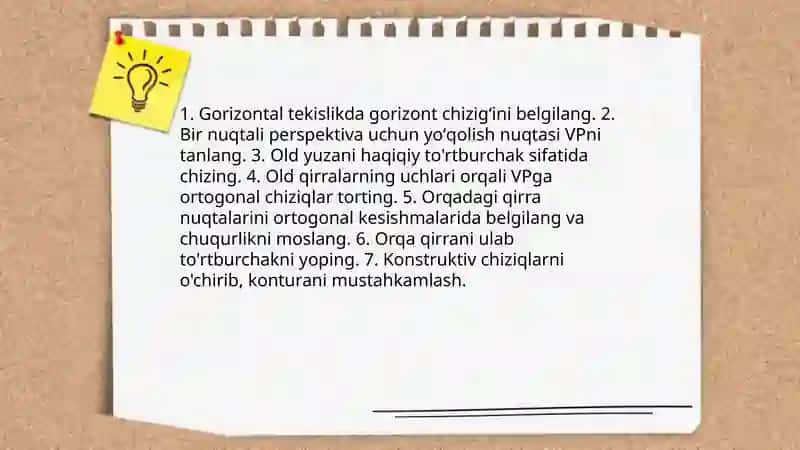 Tekis shakl gorizontal vertikal va og'ma vaziyatdagi tórt burchak kóp burchak aylanalarning perspiktevasini yasash 3