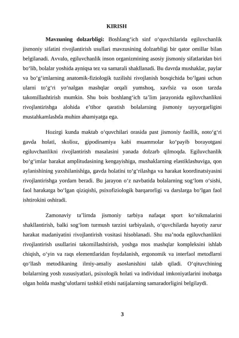 Boshlang'ich sinf o'quvchilarining egiluvchanlik jismoniy sifatini rivojlantirish usullari (KURS ISHI) 3