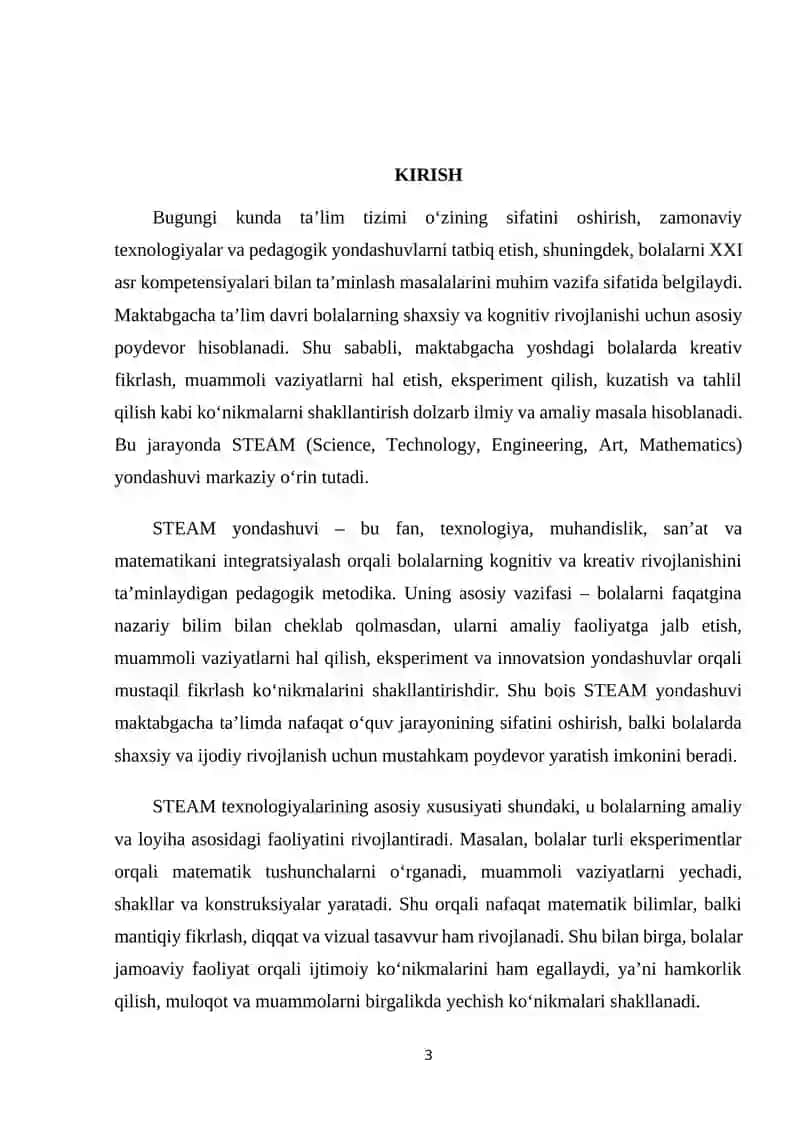 MAKTABGACHA TA'LIMDA STEAM YONDASHUVINI JORIY ETISH BO'YICHA LOYIHA 3