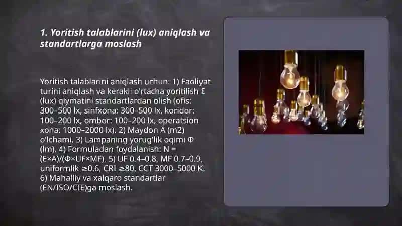 Yoritish tizimi uchun lampalar sonini va quvvatini aniqlash 3