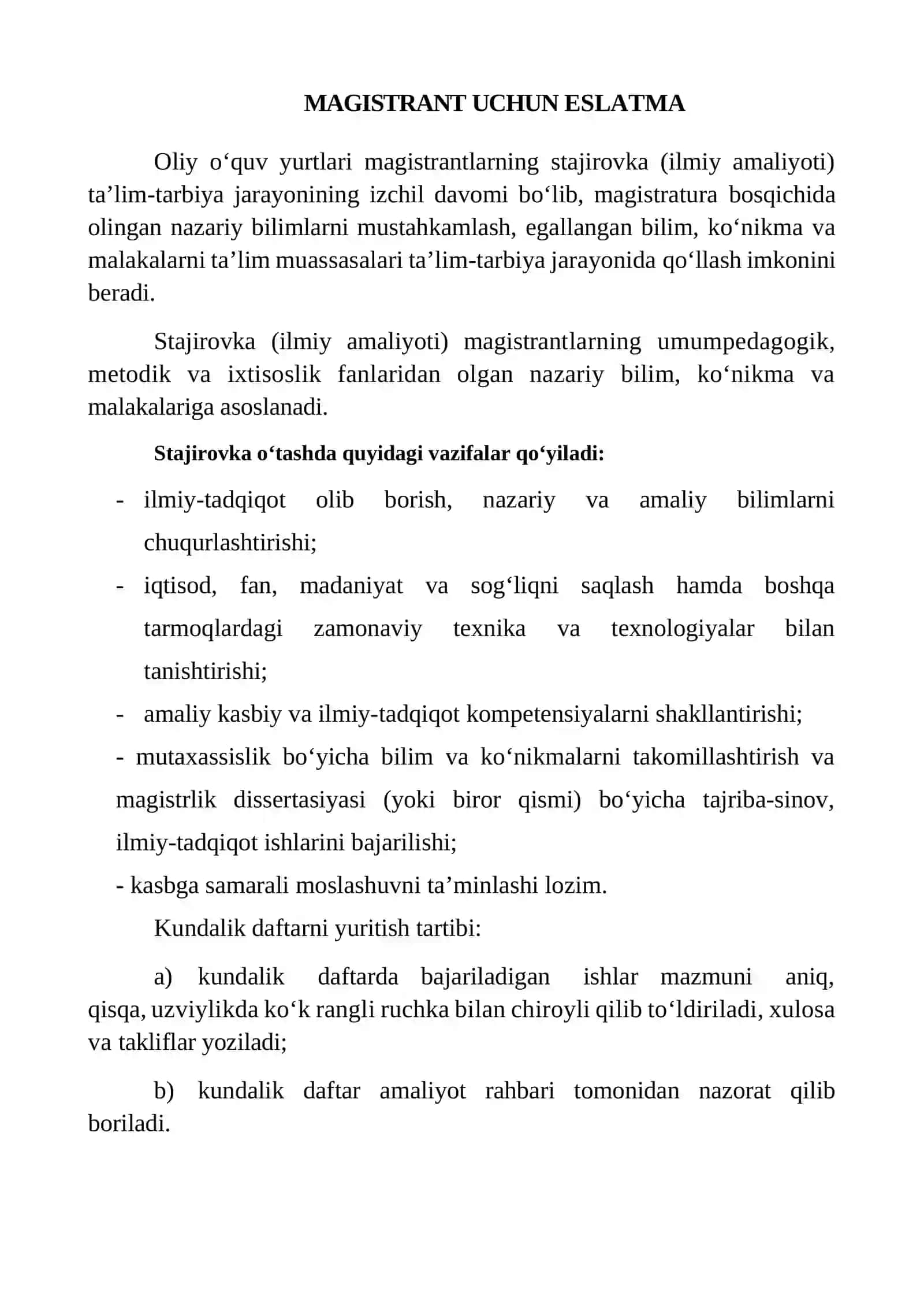 Magistrantlarning ilmiy amaliyot (stajirovka) kundaligi 3