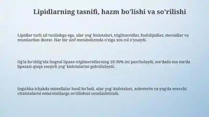 Lipidlar almashinuvi hazm bolishi va sorilishi 3