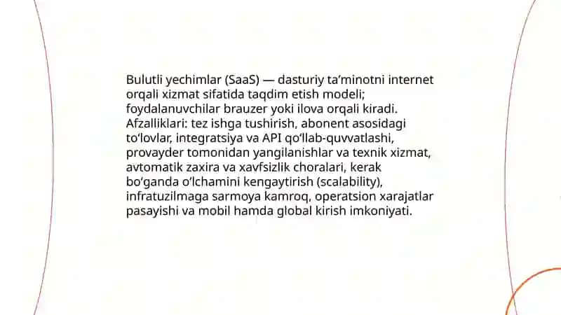 Bulutli yechimlar (SaaS) va bulutli infratuzilmasi (IaaS). Raqamli platformalar (PaaS) 3