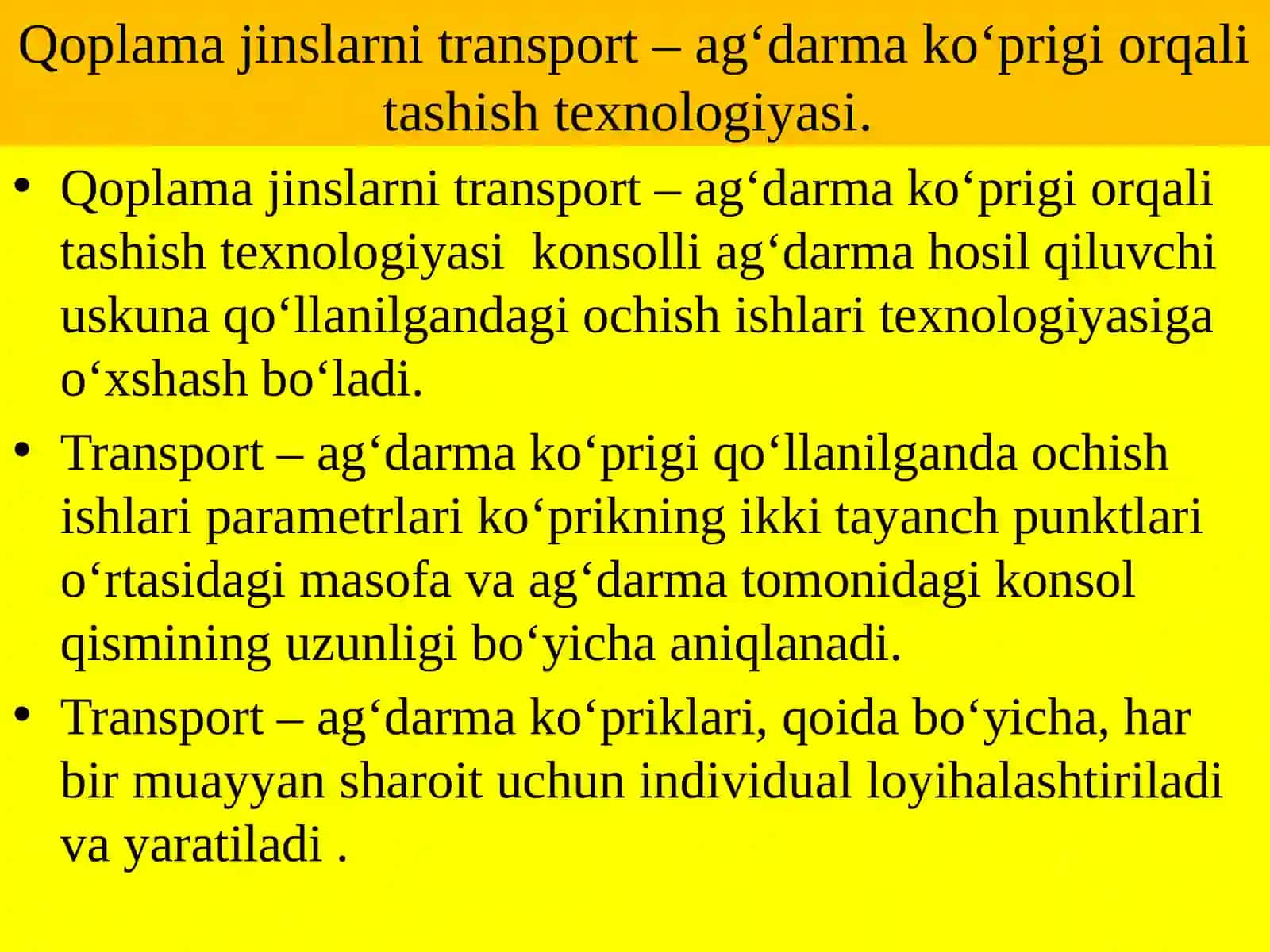 Qoplama jinslarni transport – ag‘darma ko‘prigi orqali tashish texnologiyasi 3