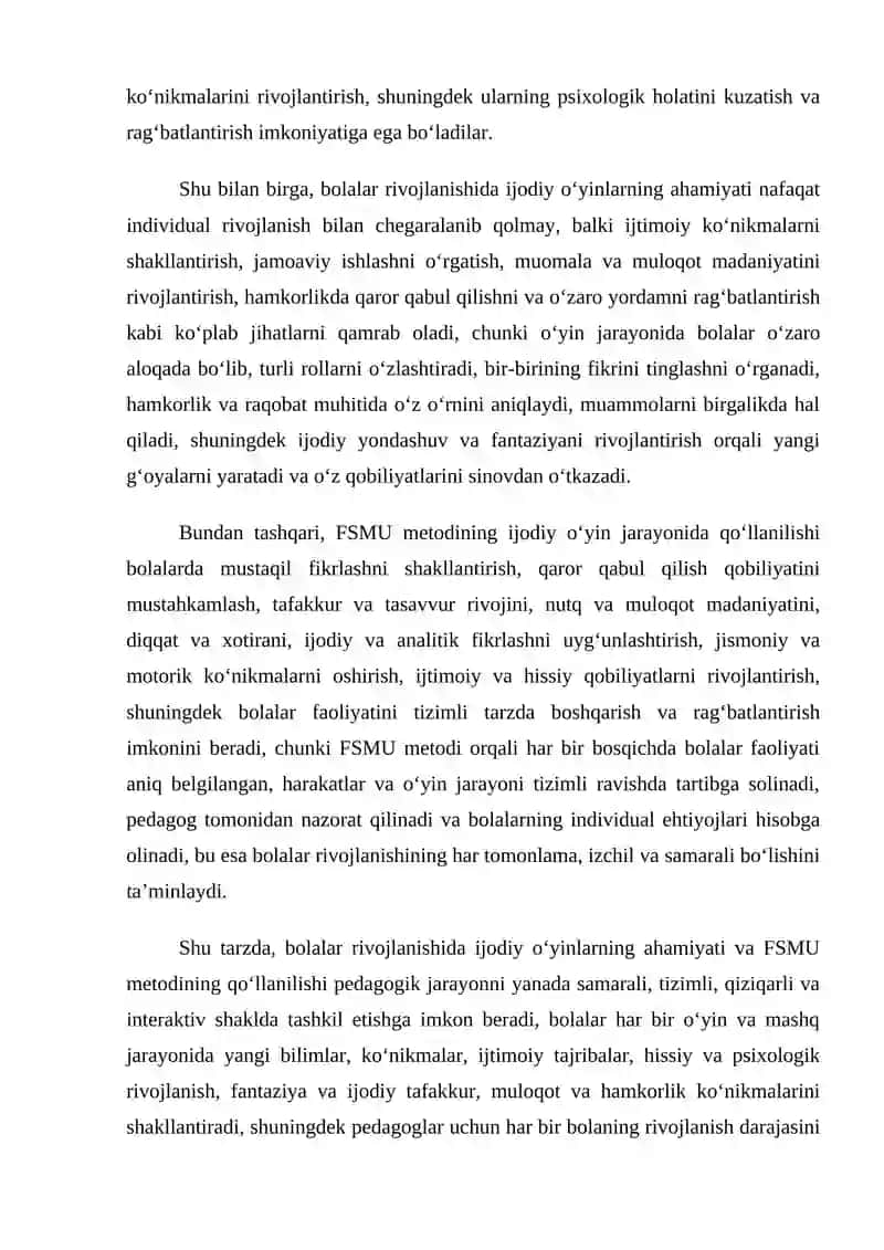 Bolalar rivojlanishida ijodiy o’yinlarning ahamiyati FSMU metodi 3