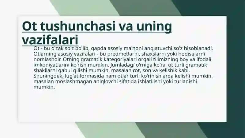 Ot va uning gramatik kategoriyalari,rot,son,kelishik,lugat formasi,moslashmagan aniqlovchi 3
