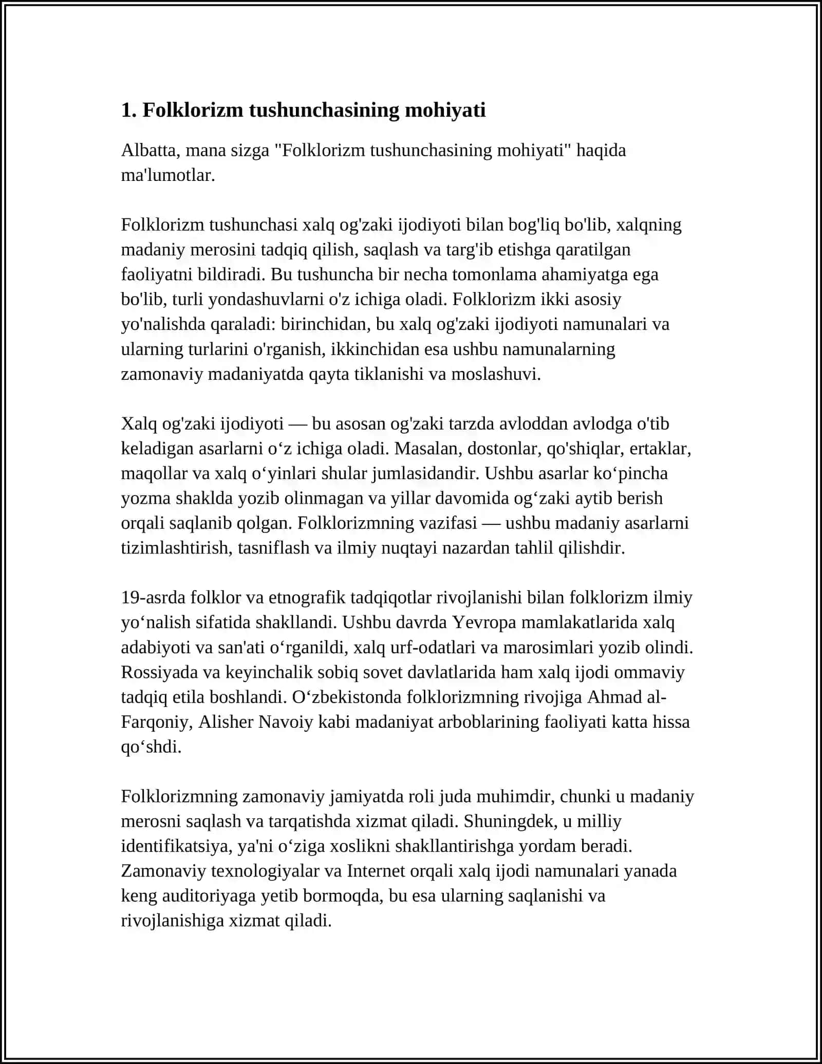 FOLKLOR VA XALQ OG'ZAKI IJODI MUNOSABATLAR.FOLKLORIZM TUSHINCHASI 3