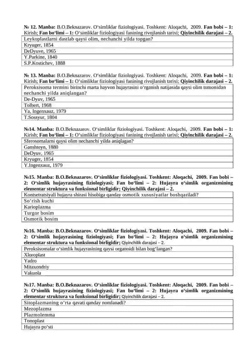 Oʻsimliklar fiziologiyasi TEST SAVOLLARI 3