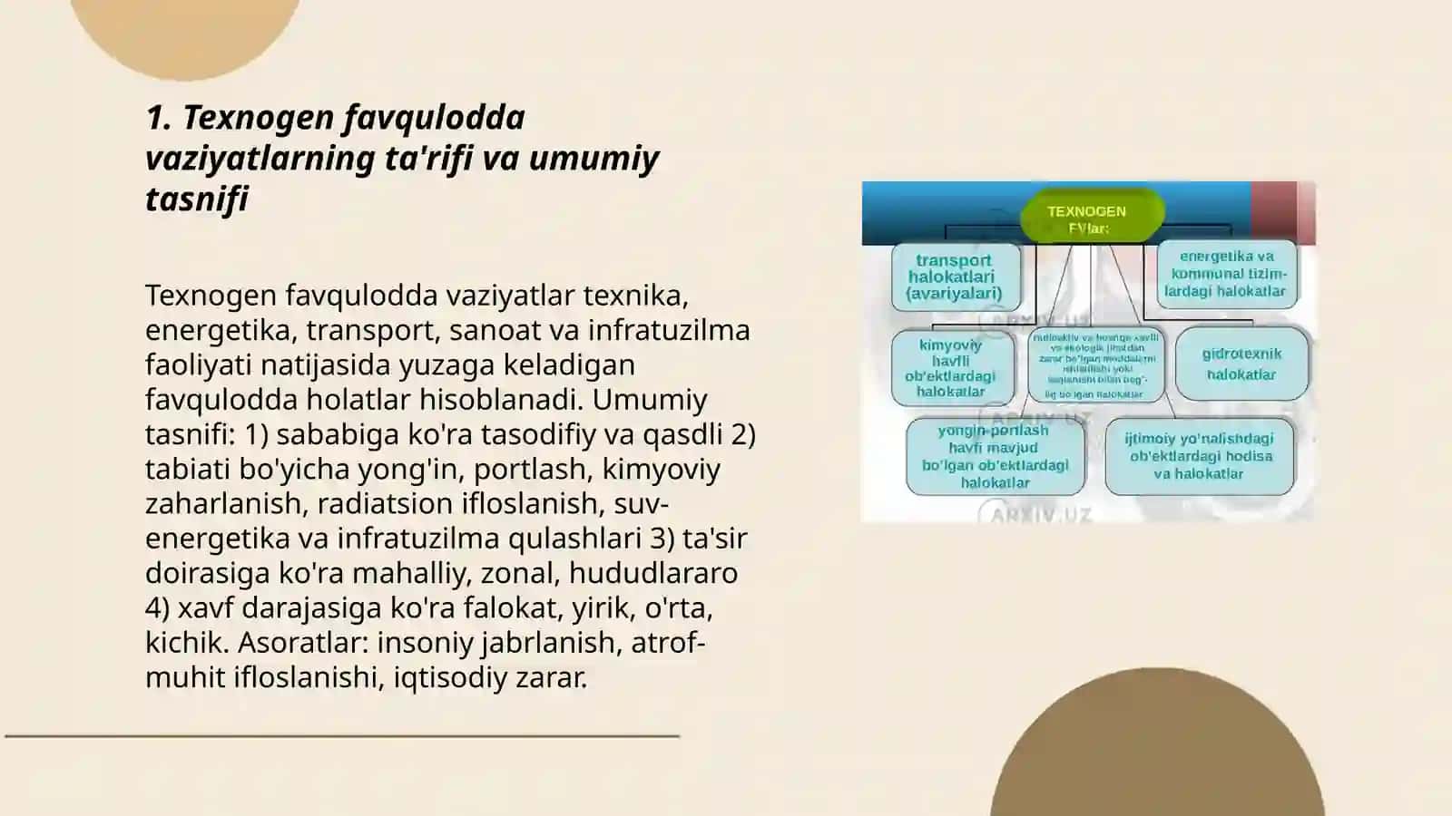 Texnogen, va exnogen, ekologik va ijtimoiy tusdagi favqulocida vaziyatlar va ularning qisqacha tasnifi 3