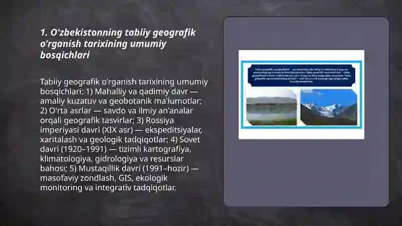 O'zbekistonni tabiiy geografik o'rganish tarixi boshqichlari va ularga qisqacha tasnif 3