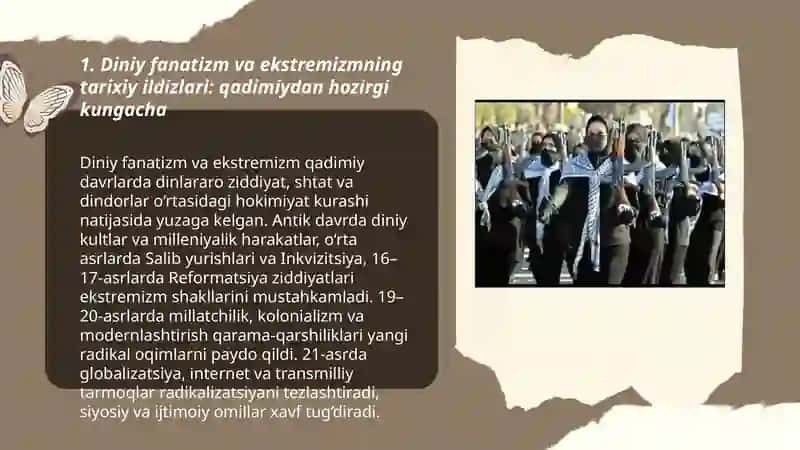 Diniy fanatizm, ekstremizm, fundamentalizm, terrorizmning tarixi va ularning hozirgi davrda xavfsizlikga tahdidi 3