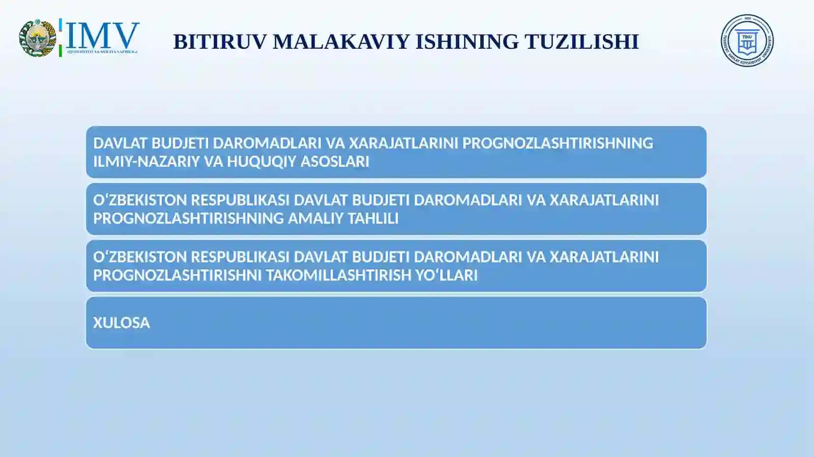 "O‘ZBEKISTON RESPUBLIKASI DAVLAT BUDJETI DAROMADLARI VA XARAJATLARINI PROGNOZLASHTIRISH: AMALIYOT VA TAKOMILLASHTIRISH YO‘LLARI” 3