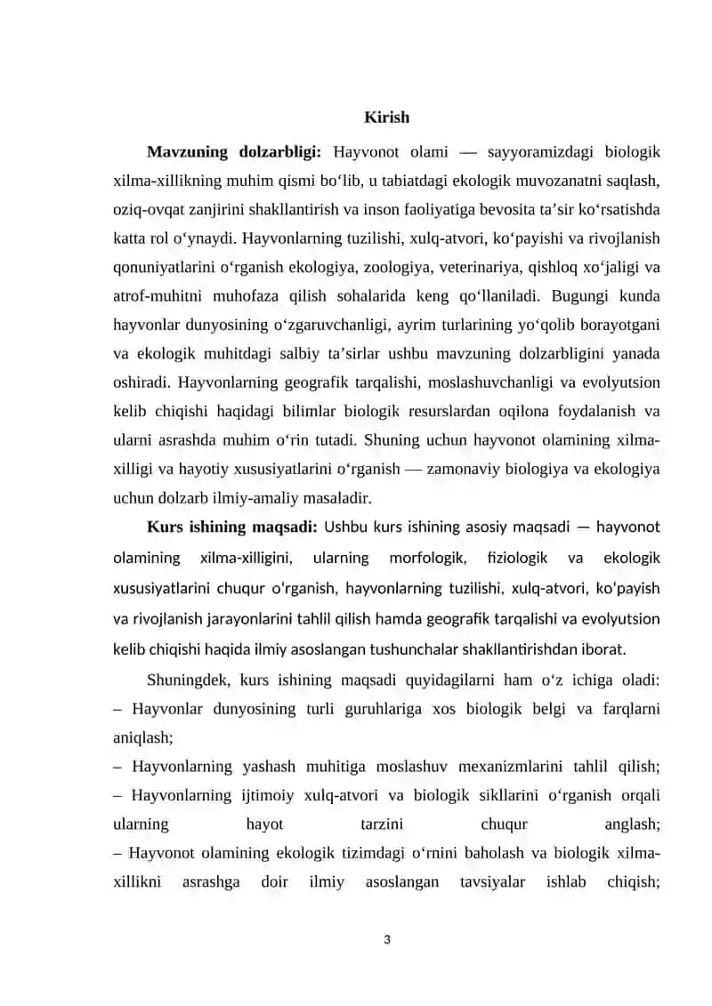 HAYVONOT OLAMINING XILMA-XILLIGI, TUZILISHI, HAYVONLARNING XULQ-ATVORI, KO'PAYISHI, RIVOJLANISHI, GEOGRAFIK TARQALISHI VA KELIB CHIQISHINI KURS ISHI 3