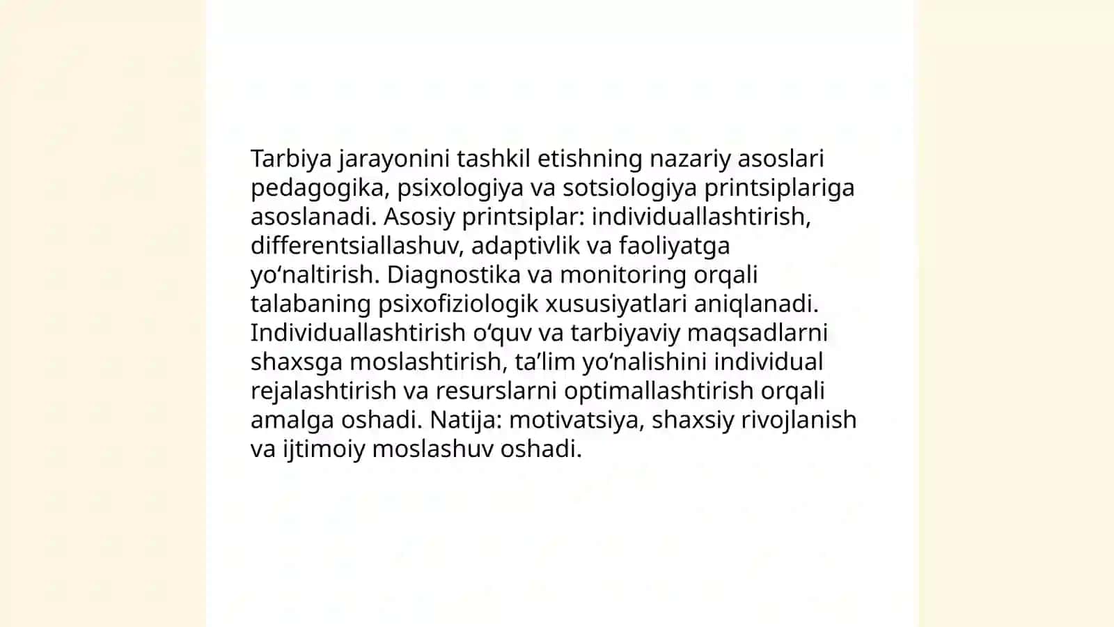 Tarbiyaviy jarayonni tashkil etish usullari ishni individuallashtirish texnalogiyasi 3