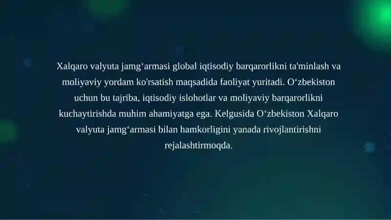 Xalqaro valyuta jamgʻarmasining faoliyati: Oʻzbekiston va Jahon tajribasi mavzusi bo'yicha 21 betlik taqdimot 3