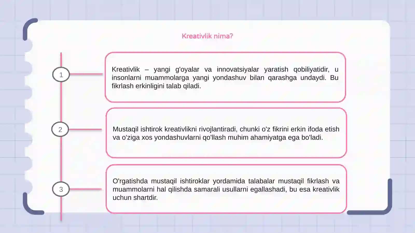 KREATIVLIKGA O'RGATISHDA MUSTAQIL ISHNILARNI URNI 3